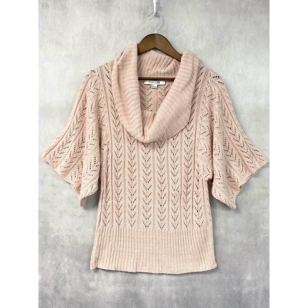 Forever 21 Womens Sweater Size L Pink Pointelle Cowl Neck Dolman Sleeve Coquette